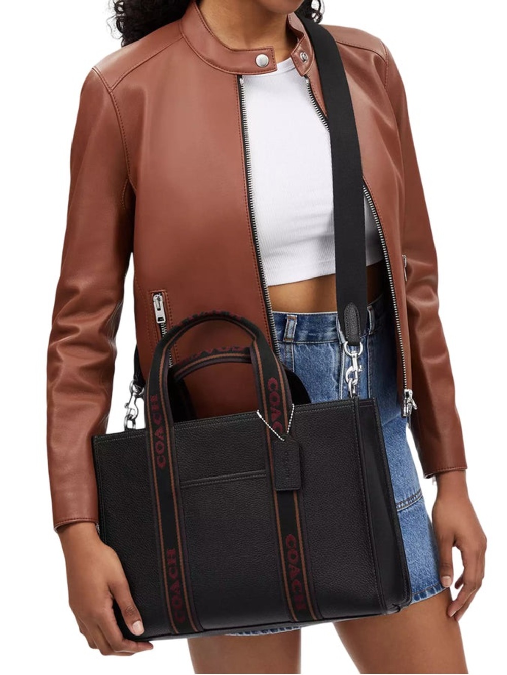 Coach Black Pebbled Tote with Logo Accent, Detachable Strap, Double Handles - Picture 3 of 17